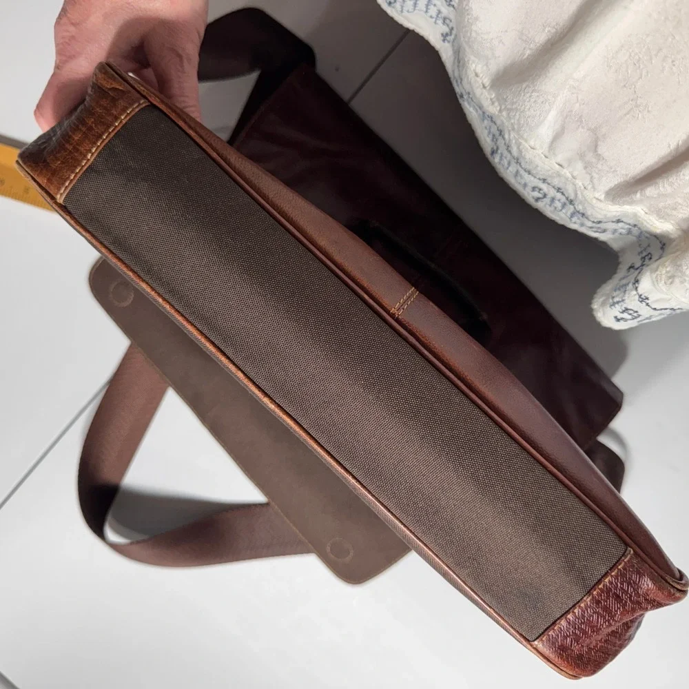 Boconi Messenger Bag Brown Leather Canvas Laptop Case Dark Academia